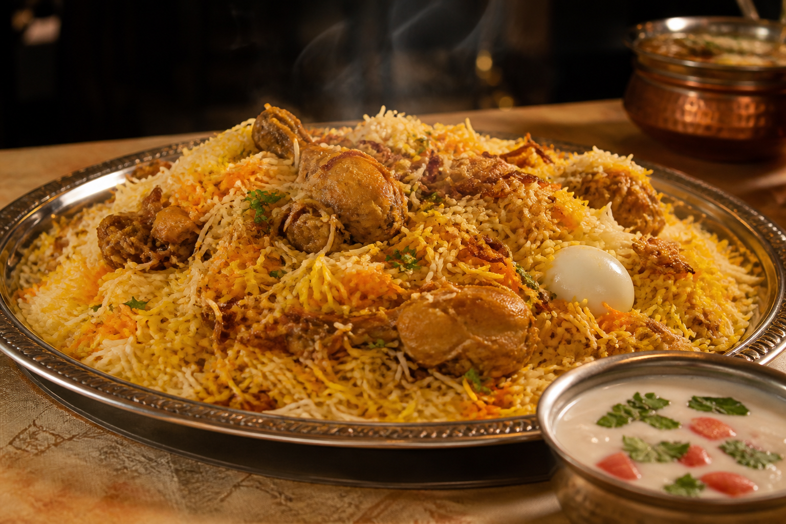 Steaming chicken biryani platter with raita in Qatar