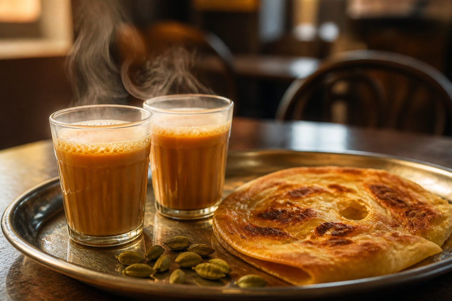 Qatari karak tea glasses with cheese paratha