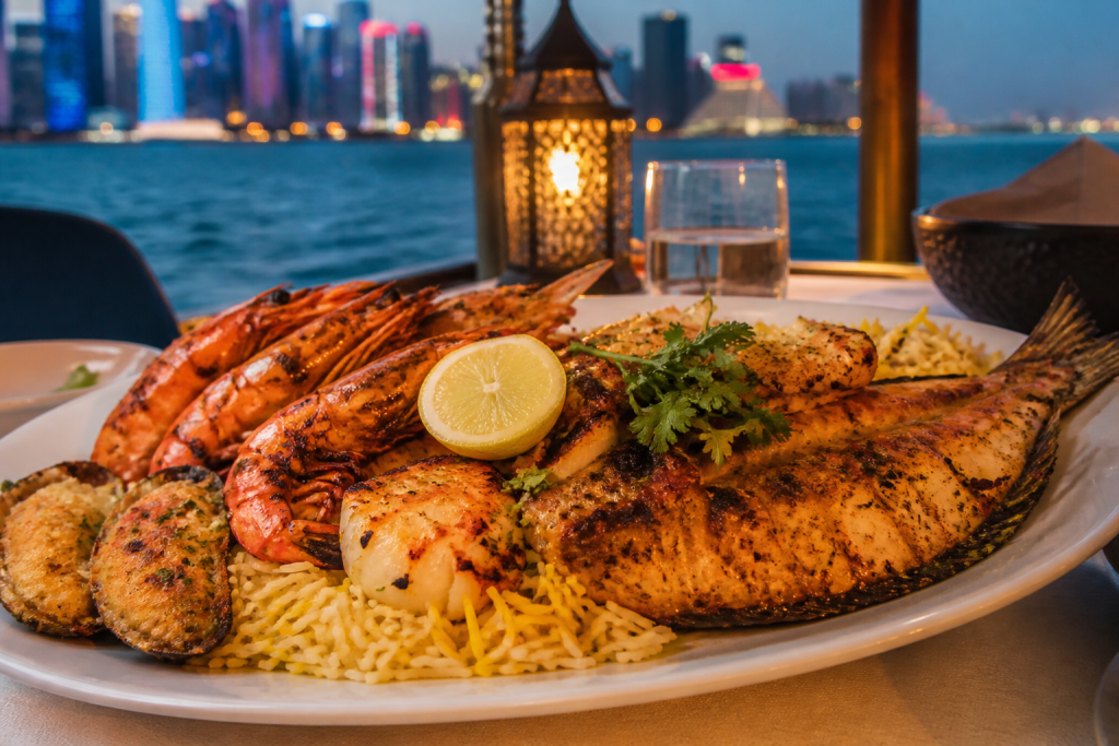 Grilled seafood platter with prawns and fish in Doha