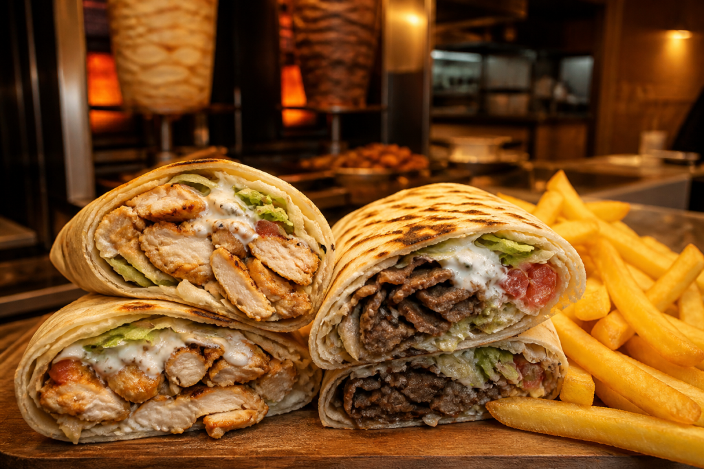 Chicken and beef shawarma wraps with fries in Doha