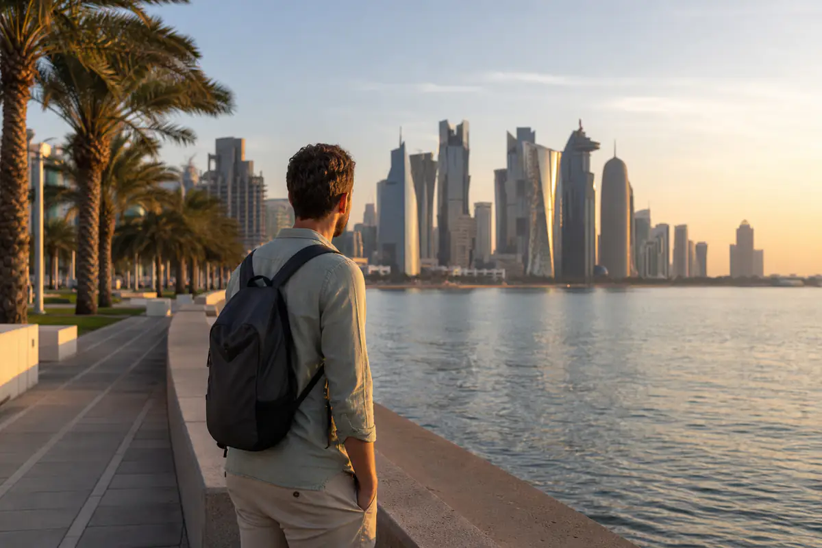 Traveller comparing Doha Airport luggage storage options with city storage in Doha