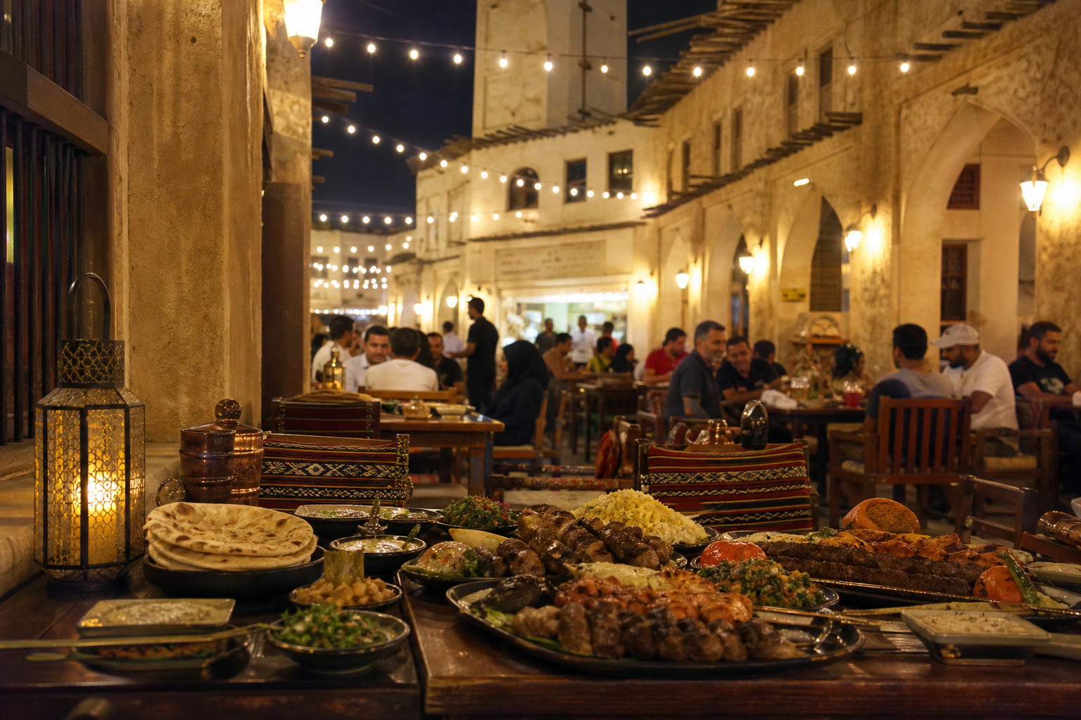 Evening outdoor dining at Souq Waqif Doha restaurants